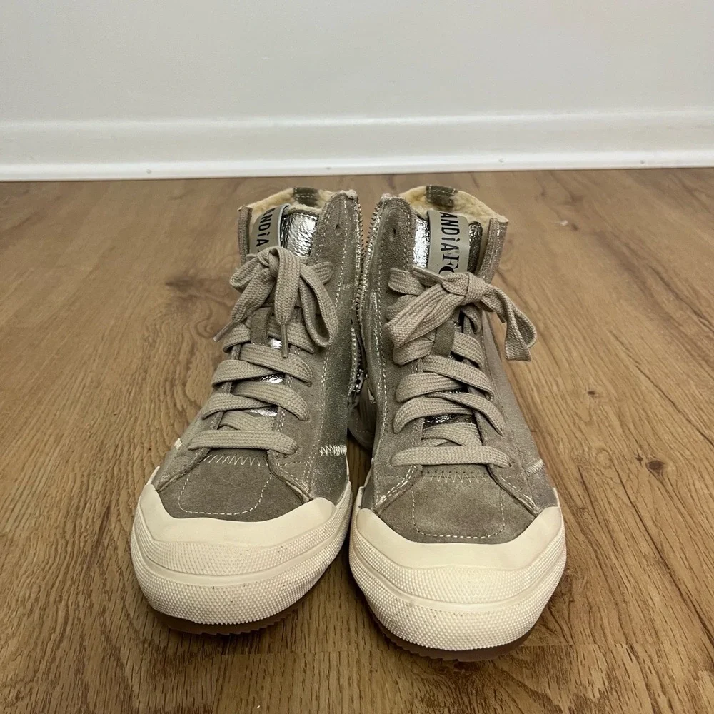 Andia‎ Fora Beige Metallic Silver High Top Side Zipper Lace Up Sneakers Size 39